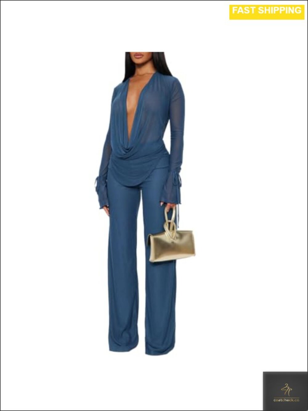 2 Piece Mesh Cowl Neck Top Wide Leg Pant Set Club Outfit